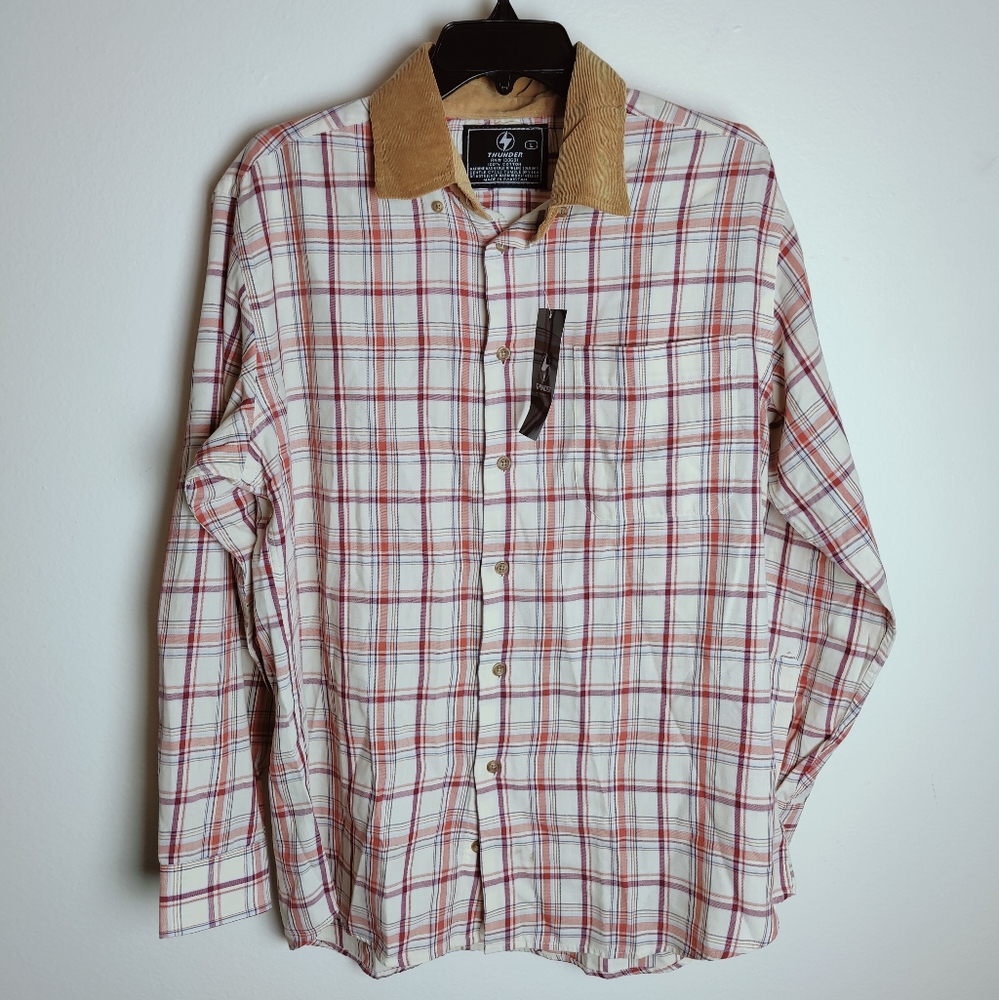NWT Thunder Men's Plaid Corduroy Trim Button Down Shirt, L